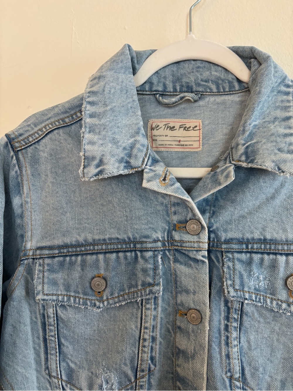 Free People Light Wash Denim Jacket with Pastel Fringe Panels - Picture 2 of 8